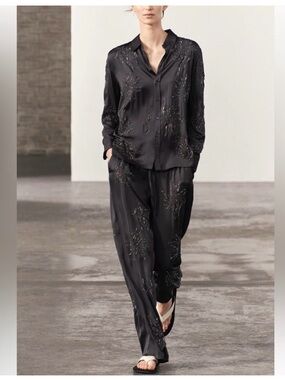Zara Satin Embellished Pajama-Style set